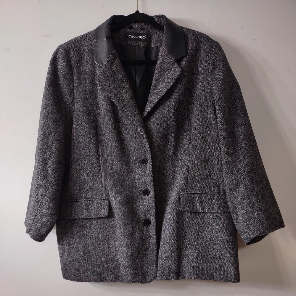 Anthropologie Sandro Wool Blazer with Faux Leather Collar, Size 20W - Picture 1 of 8